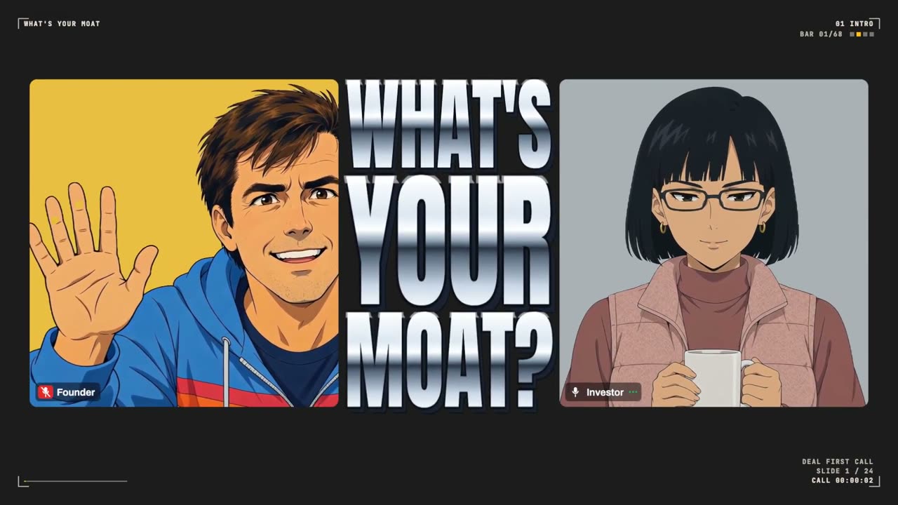 Opening frame of the What's your moat video: founder and investor on a video call